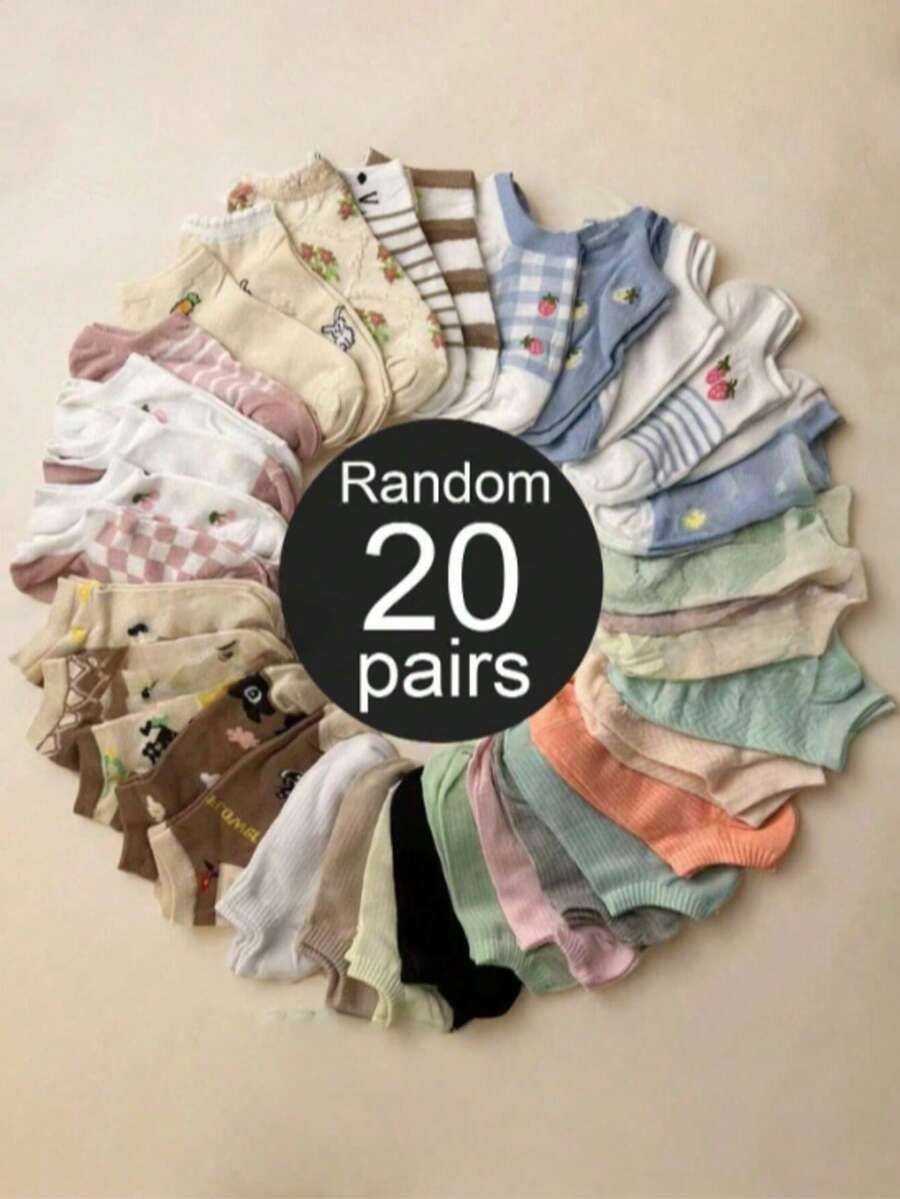 20 Pairs Women's Random Style Invisible Fashion Simple Versatile Cute Short Socks, Suitable For Daily Wear - Multicolor - View 1