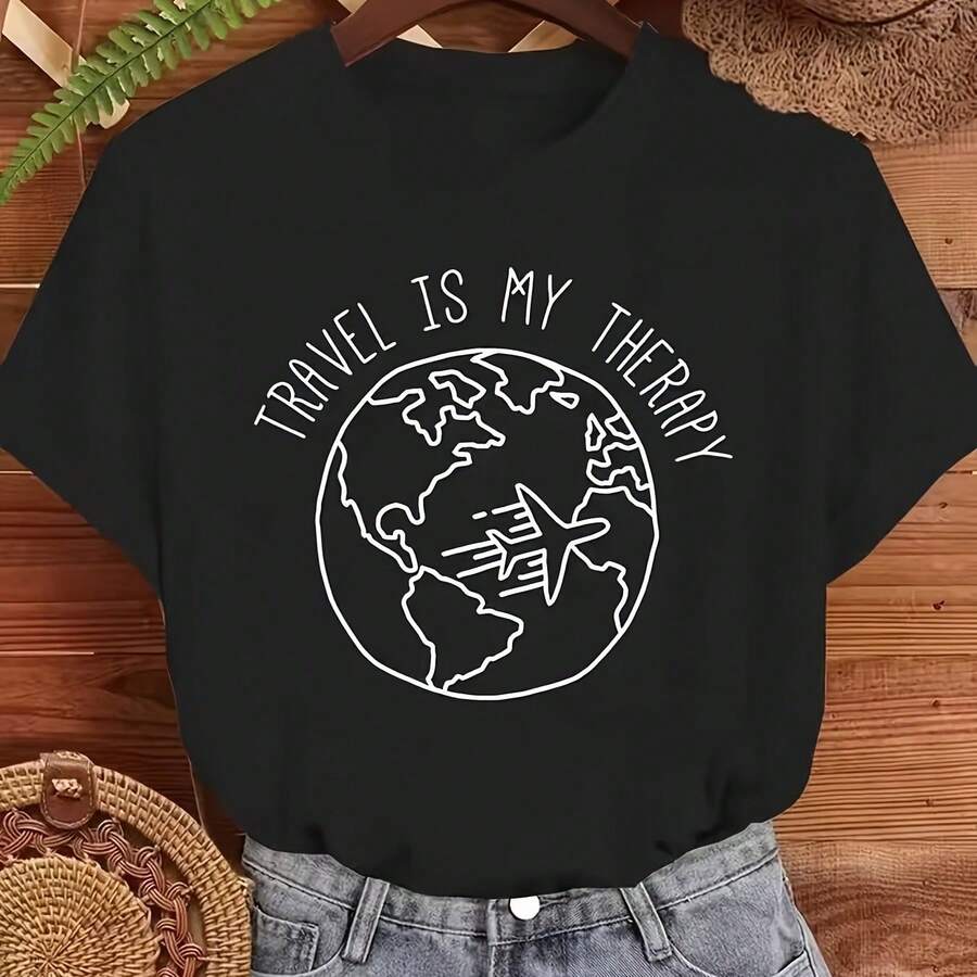Women's Casual Short Sleeve T-Shirt - "Travel Is My Relaxation" Travel Theme Print, Soft And Elastic Round Neck, Minimalist Black And White Art Design, Washable Top - 黑色 - 查看 1