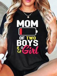 MOM OF TWO & a Letter Print T-shirt, Short Sleeve Crew Neck Casual Top for Summer & Spring, Women's Clothing - Negro - Ver 2