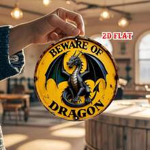 2D Flat 1pc Winged Beast Metal Tin Sign, Yellow Round Sign, Design 7.8X7.8 Round Sign - Beware Of Dragon Rustic Metal Wall Art, Metal Wall Decor, Suitable For Home, Garage, Restaurant, Cafe Wall Decoration Sign, 2D Flat - Multicolor - View 4