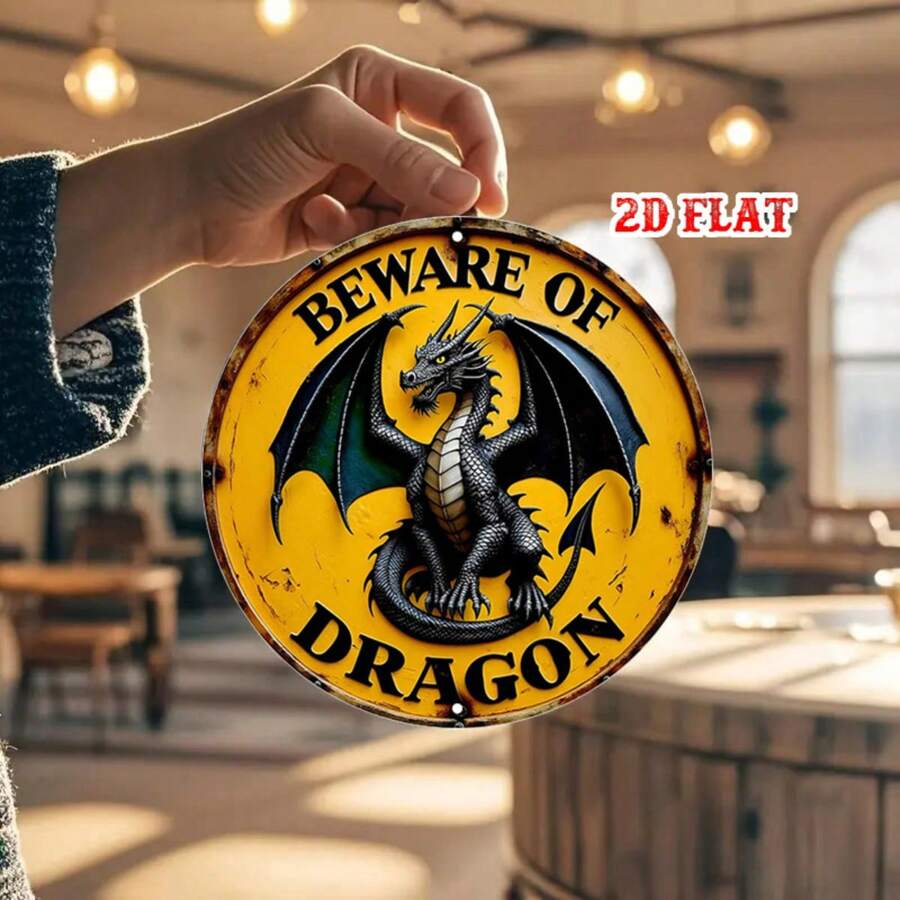 2D Flat 1pc Winged Beast Metal Tin Sign, Yellow Round Sign, Design 7.8X7.8 Round Sign - Beware Of Dragon Rustic Metal Wall Art, Metal Wall Decor, Suitable For Home, Garage, Restaurant, Cafe Wall Decoration Sign, 2D Flat