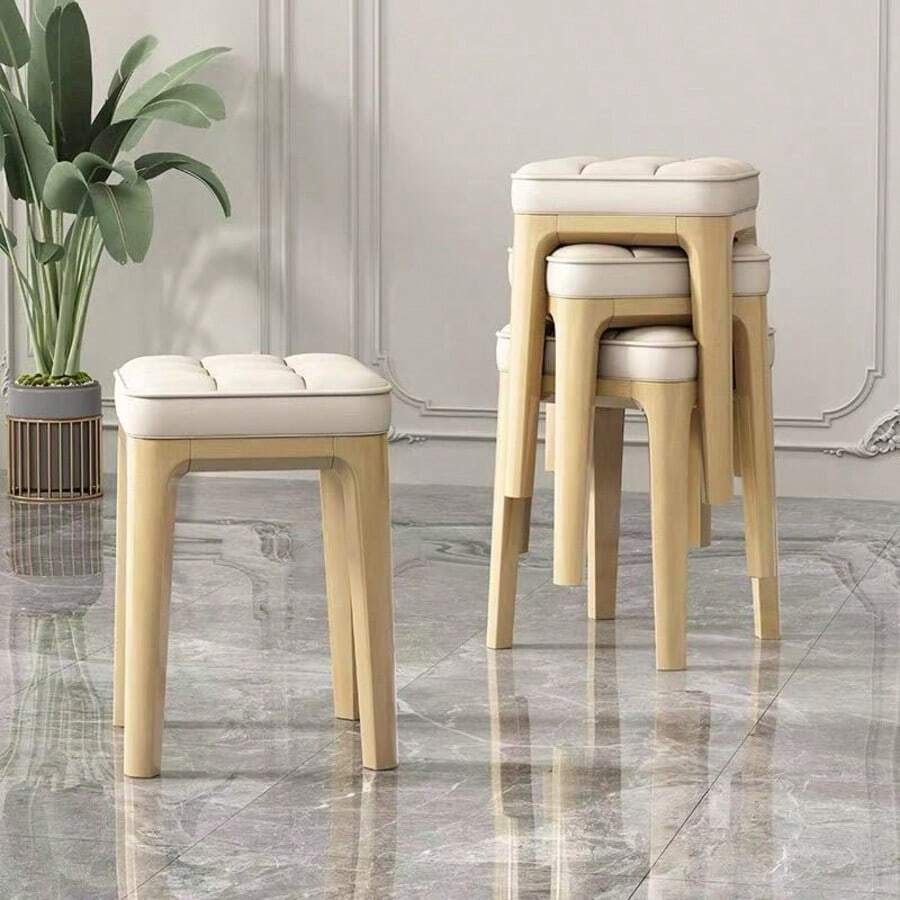 Platzsparender stapelbarer Hocker | Cremeweiße weiche Polsterung + 46 cm goldene Höhe, passt zu den meisten Esstischen, minimalistischer natürlicher Holzstil Massivholz weich gepolsterter Hocker, stabil und langanhaltend - Beige - Übersicht 1