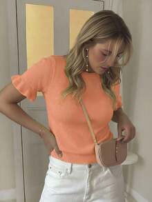 Atasan Kaos Wanita Kasual Warna Polos Kerah Bulat dengan Hiasan Rumbai dan Lipatan Lengan Pendek Longgar Bahan Campuran Wol, Musim Semi/Musim Gugur/Panas - Coral Orange - View 4