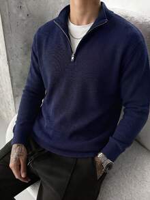 Men's Zipper Vertical Ribbed Knit Sweater, Stand Collar Long Sleeve, Suitable For Office And Daily Wear, Fashion Casual - Navy Blue - View 2