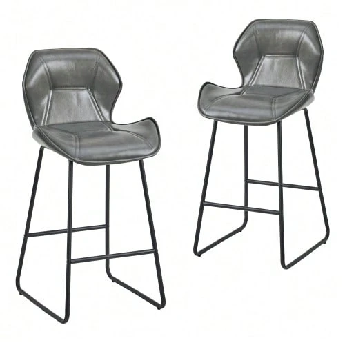 Set Of 2 Faux Leather Bar Stools, Modern Bar Chairs With Backrest, Metal Frame And Footrest, For Kitchen, Counter, Bar And Dining Room, Cognac Brown - 灰色 - 查看 1