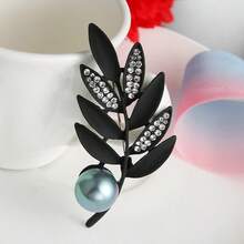 1pc/2pcs Rhinestone Leaf Brooch, Matte Green & Black Tone With Faux Pearl Accent, Nature-Inspired Pin For Women's Coats, Dresses & Scarves - A - View 3