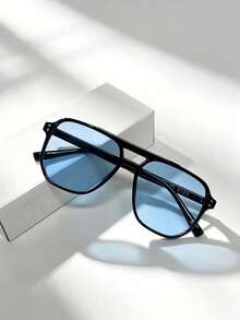 1pc Square Oversized Women's Fashion Glasses With Rivet Street Fashion Glasses Suitable For Daily Wear, Outings And Vacation - Baby Blue - View 2