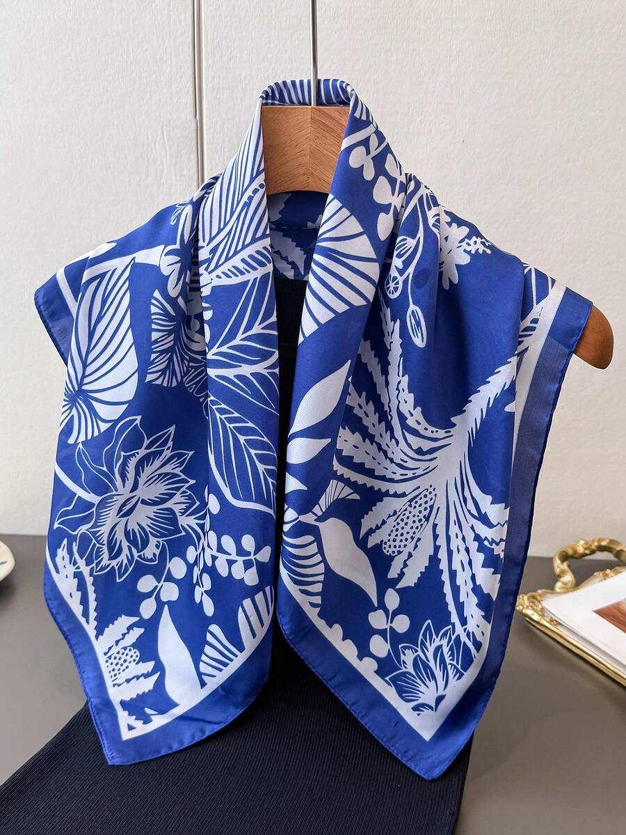 1件女款夏季花卉印花領結方巾,仿絲綢材質,沙灘髮飾,手提包圍巾,頭巾,適合度假旅行配件 - FG478-4 藏青色 - 查看 1