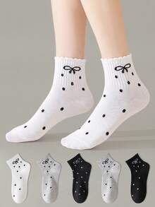 ZUJO 4 Pairs Women's Polka Dot Bow Pattern Lace Trim Mid-Calf Socks, Soft And Breathable, Suitable For All-Season Daily Wear, Random Color - Multicolor - View 4