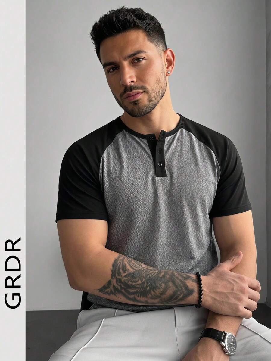 GRDR Men's Summer Contrast Color Raglan Henley Neck Short Sleeve T-Shirt, American Vintage Slim Fit Versatile Button-Up Top