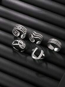 Set Cincin Pria 5 Buah dari Baja Tahan Karat, Gaya Minimalis, Rantai Gelombang Berlapis Ganda dengan Desain Putaran Berongga, Cincin Terbuka, Serbaguna untuk Pemakaian Sehari-hari, Hadiah untuk Pacar - Perak - View 3
