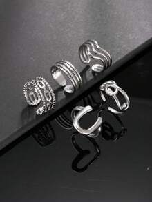 Set Cincin Pria 5 Buah dari Baja Tahan Karat, Gaya Minimalis, Rantai Gelombang Berlapis Ganda dengan Desain Putaran Berongga, Cincin Terbuka, Serbaguna untuk Pemakaian Sehari-hari, Hadiah untuk Pacar - Perak - View 5