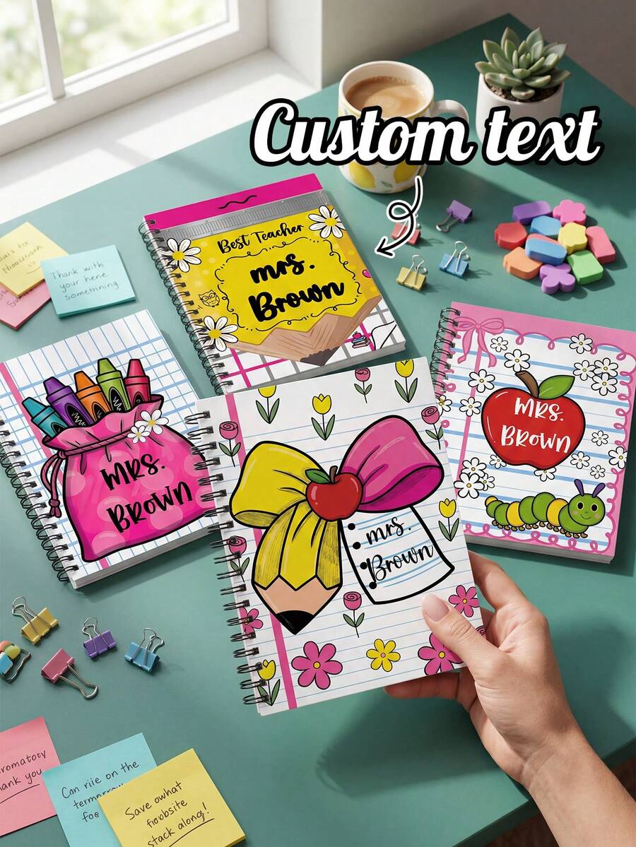 1pc Custom Teacher Name Spiral Notebook, Lined Paper Bow Apple Crayon Bag Cartoon Journal, Personalized Kindergarten Classroom Writing Planner,Teacher Gift,Teacher Appreciation Gift,Back To School,School Supplies,End Of Year Present,Lesson Notebook - Multicolor - View 1
