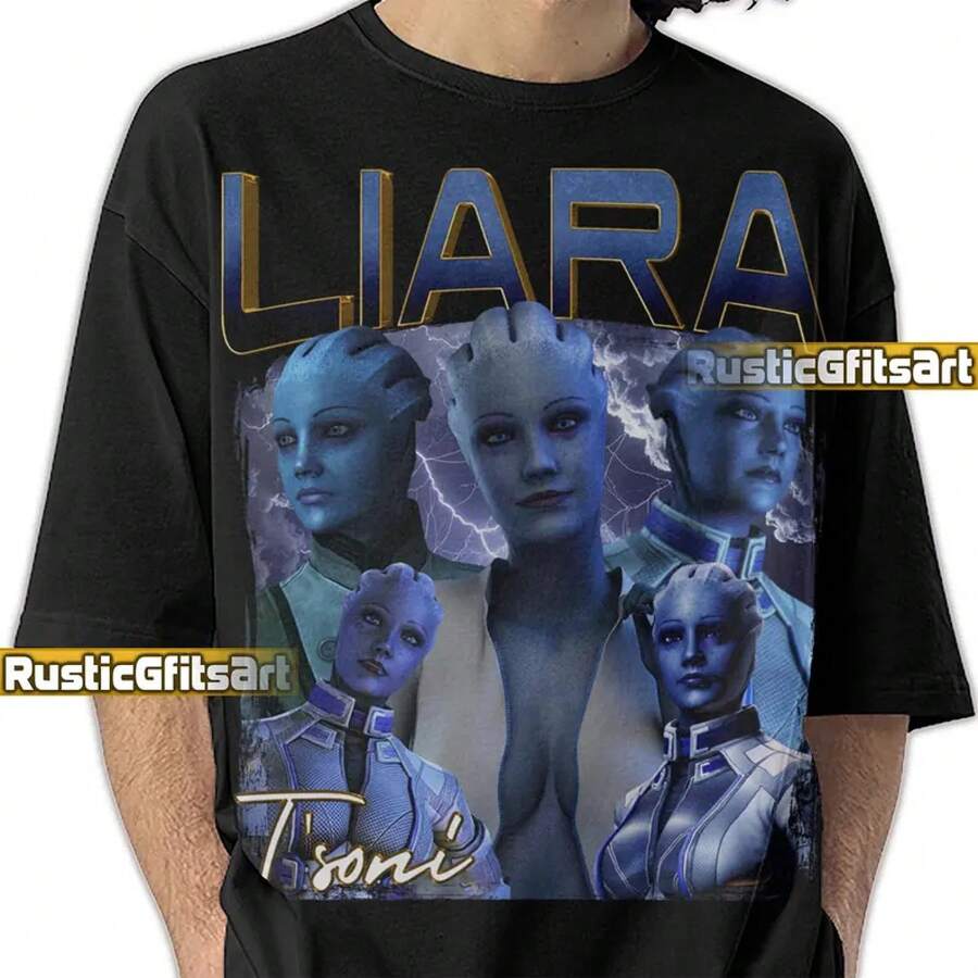 LIARA T'SONI MASS Effect Shirt, Liara T'Soni Custom T-Shirt, Mass Effect Trilogy Vintage Merch, Asari Scientist Bootleg Rap Tees - Black - View 1
