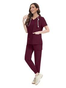 Women's Doctor/Nurse Uniform Set, Hospital Operating Room Surgical Gown, Beauty SPA Workwear - Burgundy - View 4