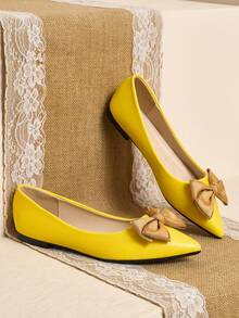 Pointed Toe Low Vamp Bow Flat Shoes, Delicate Satin Texture Soft And High-End, Versatile Shoes. - Bright Yellow - View 5