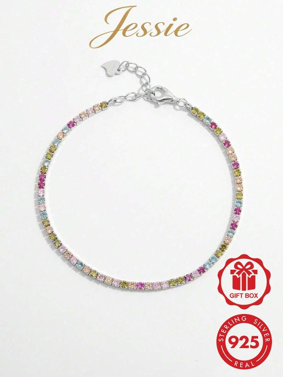 Vaerine 1件奢華亮面925純銀方形組件排列手鍊,女款派對宴會穿戴禮物 - 銀色 - 查看 1