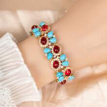 1pc 19.5cm Vintage Bohemian Style Cuff Bracelet, Double Layer Design, Detachable Extender Clasp, Adjustable Length, Turquoise Inlaid, Suitable For Women's Casual Daily And Banquet Wear Jewelry, Gift - Colorful - View 3