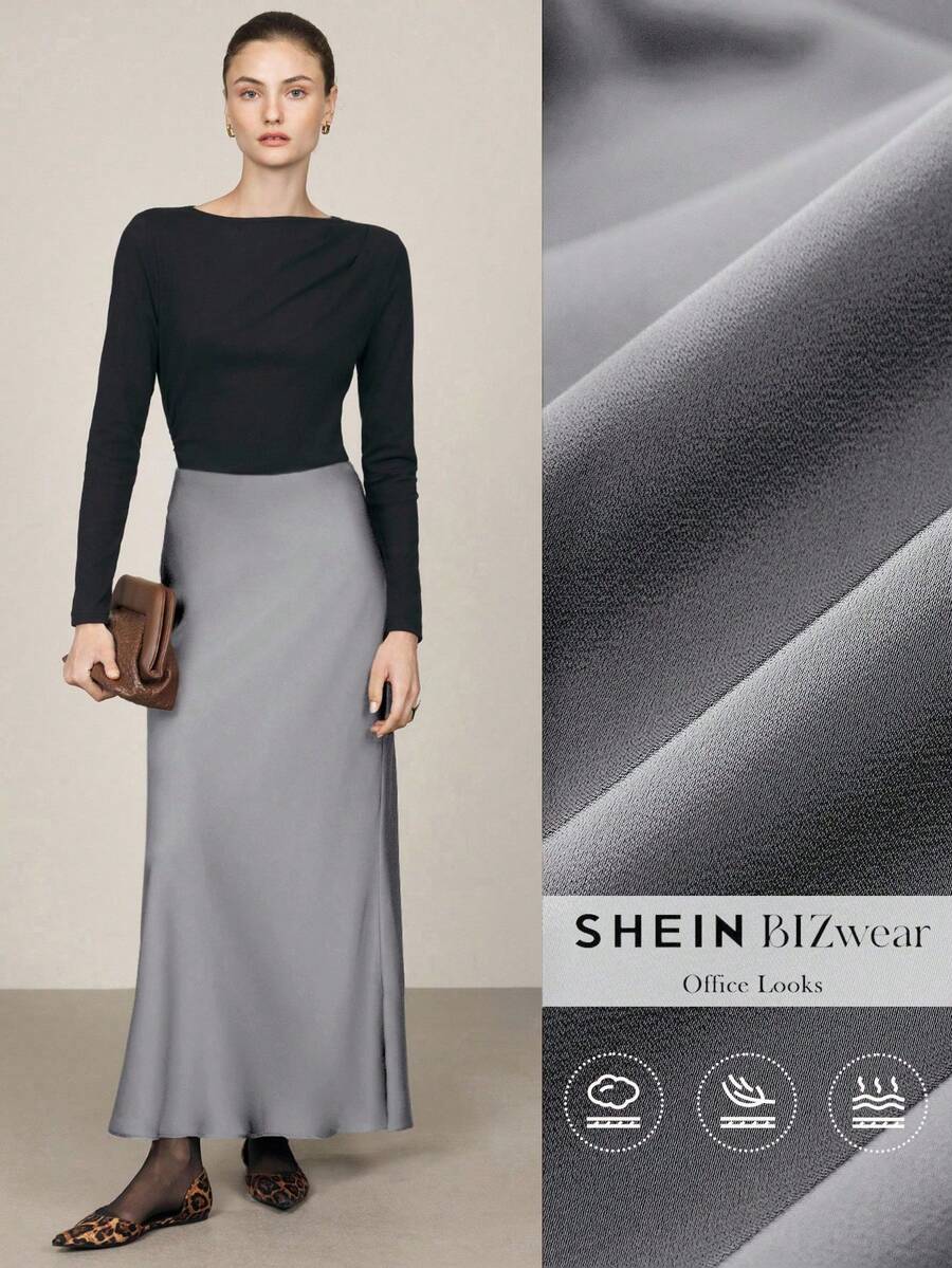 Falda larga de satén de unicolor con diseño de sirena para mujer, elegante vestimenta formal para oficina, adecuada para el transporte urbano, negocios y uso casual - Gris - Ver 1