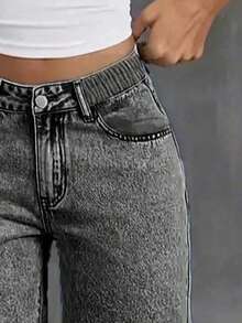 Celana Jeans Denim Kasual Serbaguna untuk Remaja Perempuan di Musim Semi, Dilengkapi Saku dan Kancing untuk Aktivitas Sehari-hari - Hitam - View 3