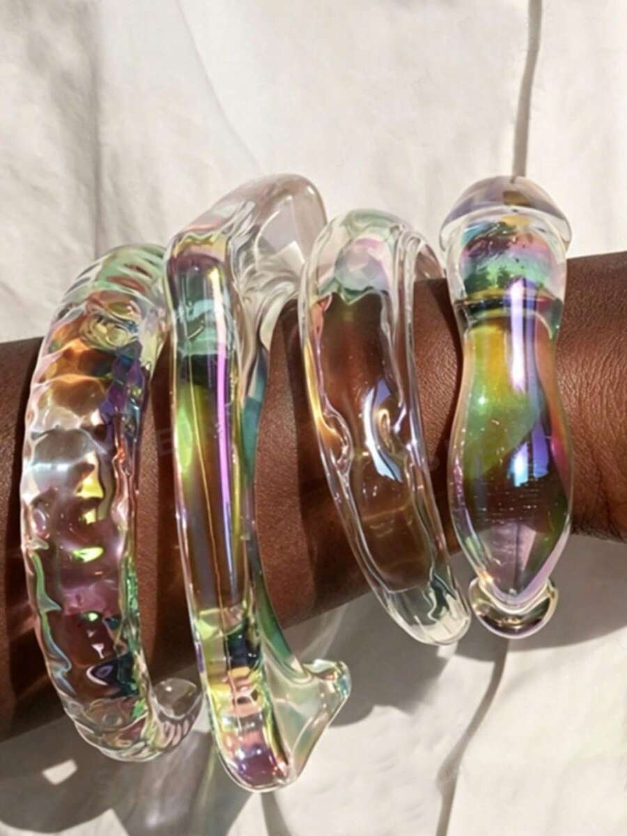 4pcs Iridescent Acrylic Bangle Set, Clear Rainbow Cuff Bracelets - Clear - View 1