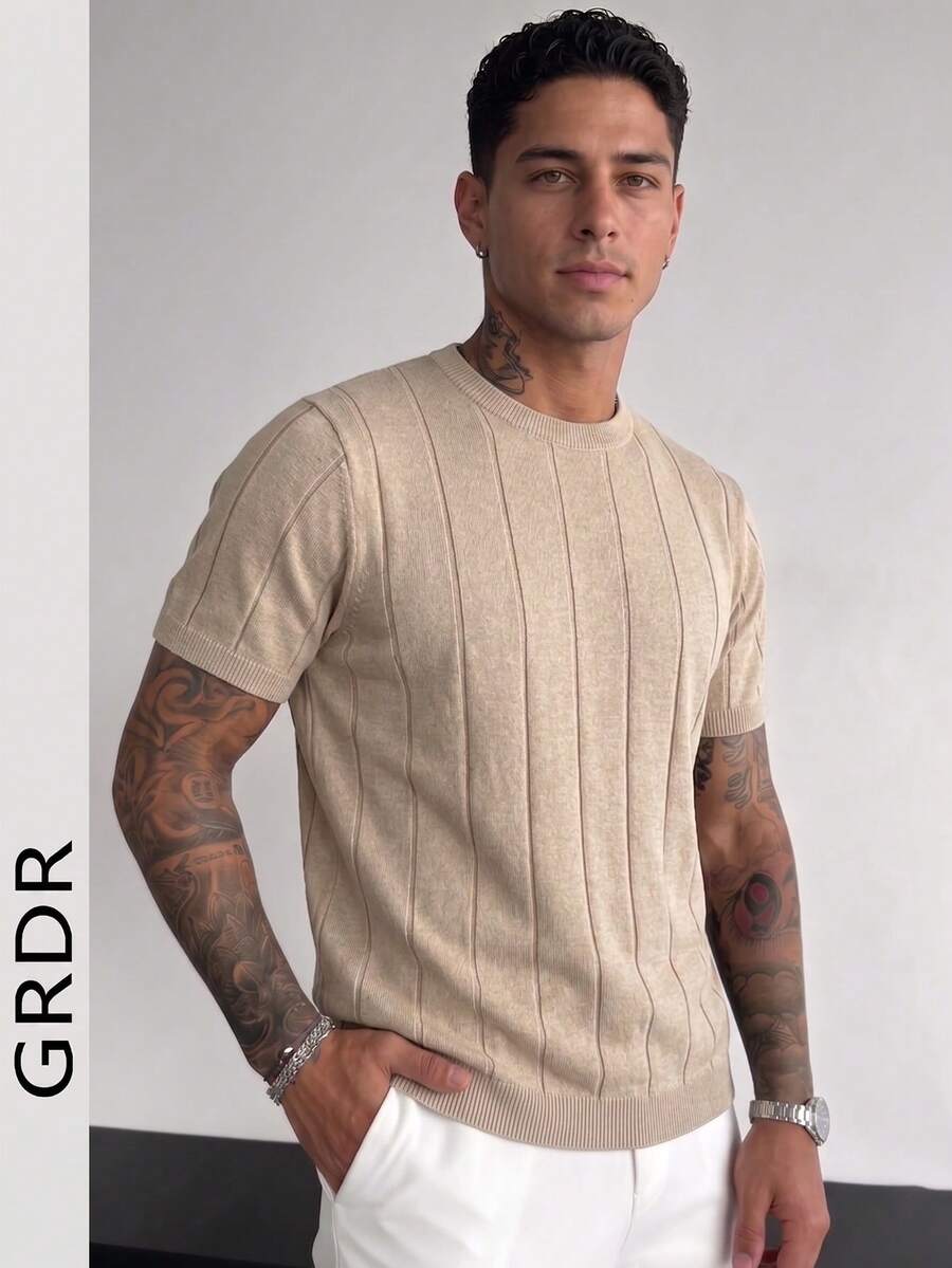 GRDR Men's Thin Summer Knit Sweater, Solid Color Ribbed Short Sleeve, Sporty Casual, Suitable For Outdoor Sports