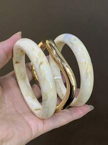 Set 3 Buah Gelang Akrilik Tebal Multi-Layer Warna Beige Gaya Vintage Bohemian untuk Wanita - MultiWarna - View 4