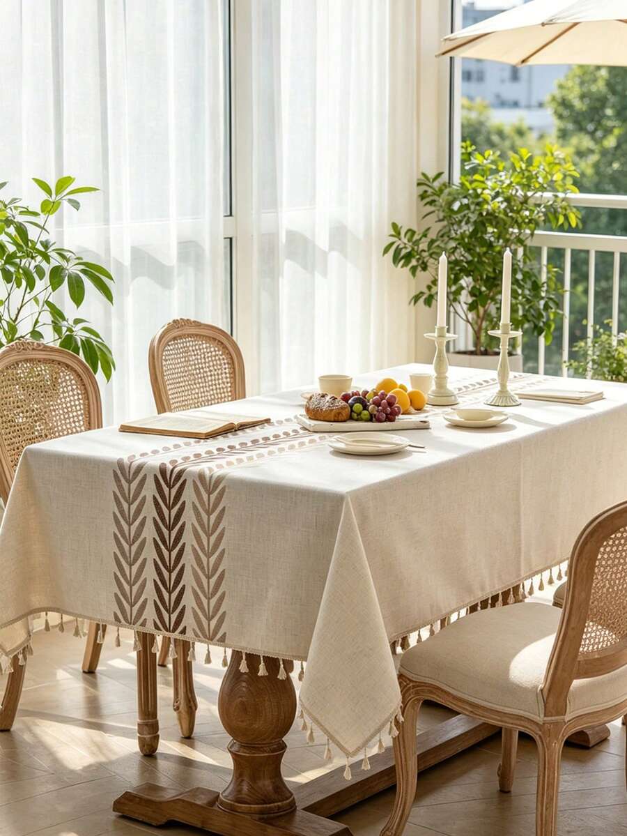 1件美式極簡刺繡藍葉桌布,長方形桌布,米色流蘇裝飾,咖啡桌、櫥櫃、邊櫃蓋布,桌面裝飾,日常家居裝飾,適用於廚房、餐廳、聚會、晚餐、節日、派對、婚禮裝飾、戶外裝飾,四季通用,春夏裝飾 - 咖色 - 查看 1