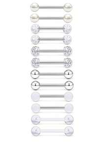 12pcs Set Minimalist Classic Stainless Steel Tongue Rings, Nipple Rings, Ball Studs, Body Jewelry Suitable For Women's Daily Wear - 12-piece Set - View 10