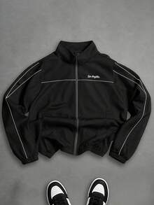 YUNCHIC Men's Casual Stand Collar Zip-Up Jacket, Los Angeles Letter Print, Sporty Style, Versatile Spring/Autumn Outerwear - Black - View 4