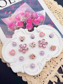14pcs DIY Detachable Garden Shoe Charms, Pink Alloy Glass Rhinestone Flower, Heart, Crown, Butterfly Shoe Clips, Multi-Functional Shoe Accessories For Women's Sandals, Slippers, Beach Bags, Perfect For Holiday And Birthday Party Gifts - Pink - View 1