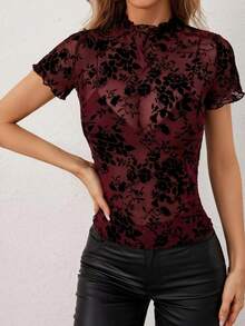 2026 Spring/Summer New Women's Stand Collar Mesh Flocked Short Sleeve T-Shirt Top Vacation Casual Red - Red - View 2
