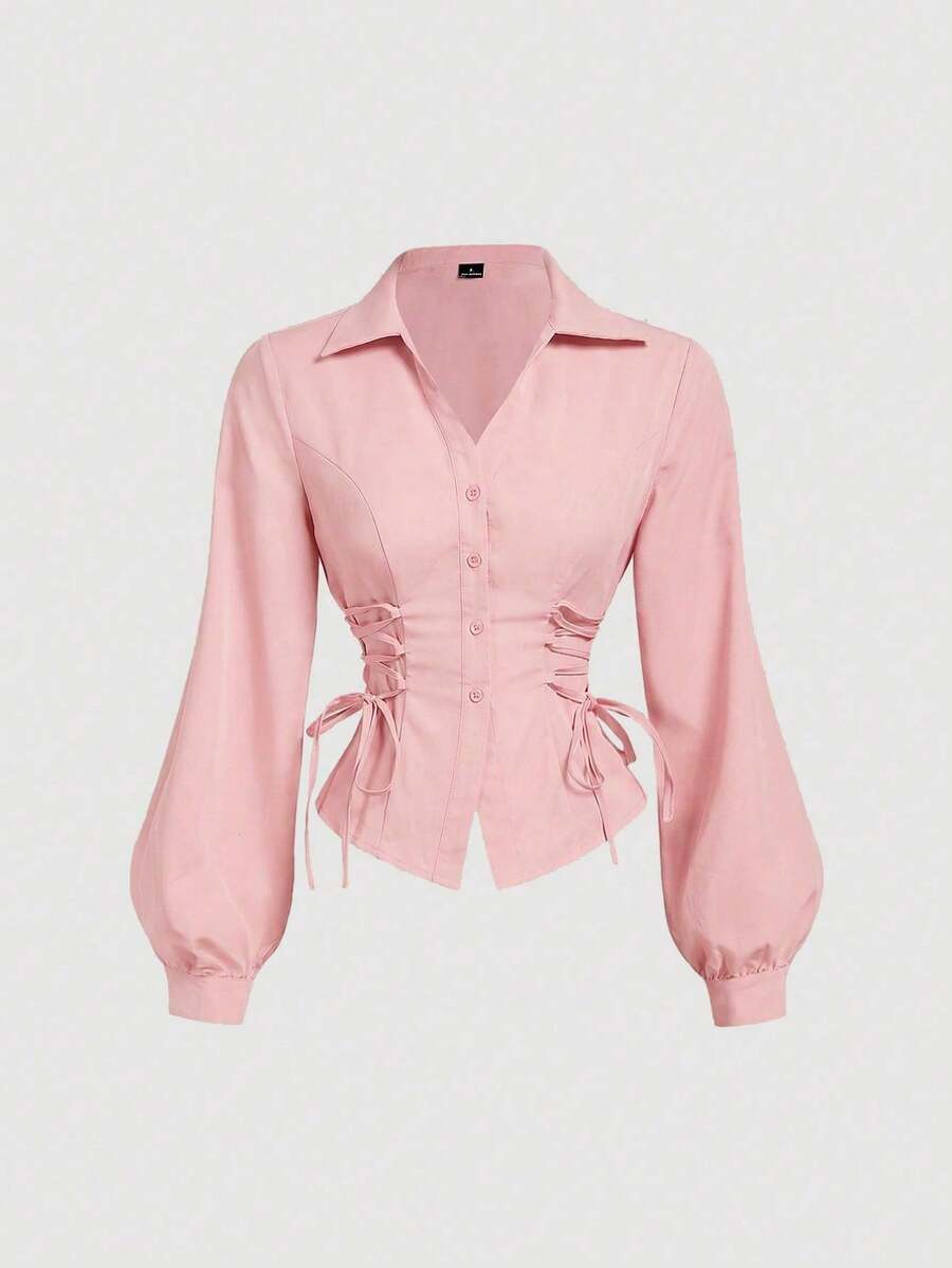 Blusa blanca elegante con mangas de farol y cintura anudada, simple y versátil para el trabajo y el transporte, blusas elegantes para mujeres, camisa con lazo, blusa blanca con lazo delante - Rosa - Ver 1