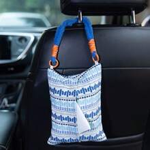 Car Seat Back Tissue Box Holder, Car Hanging Tissue Dispenser, Car Interior Decorative Organizer Bag, Cute Pom Pom Design Tissue Container, Nordic French Fabric Hanging Storage For Vehicle Accessories - Blue - View 3