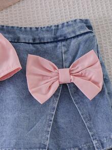 2pcs/Set Young Girl' Sweet Cute 3D Butterfly Suspender Top And Denim Skirt Outfit, Summer - Pink - View 7