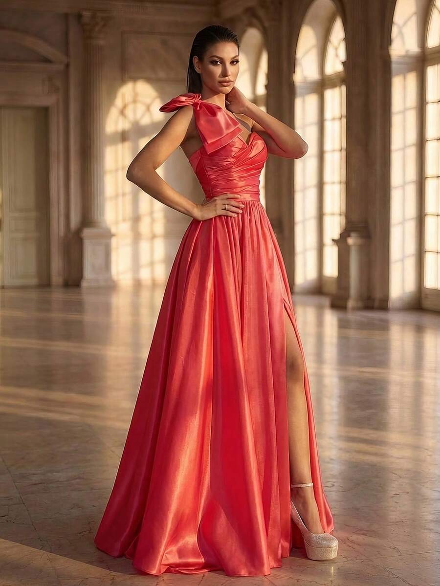 Sleeveless Women's Formal Evening Gown With Asymmetric Neckline, Ruched Bodice And Flared Skirt, Bold Thigh-High Slit, Red Wedding Party - Hot Pink - View 1