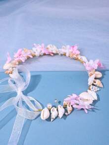 1pc Women's Mori Style Floral Shell Handmade Headband White Beach Hair Accessory Spring Outdoor Party Accessory Bridal Wedding Headpiece - Pink - View 5