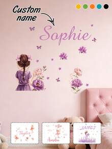 Customized Flower Girl Cartoon Wall Sticker, Personalized Text Wall Sticker, Customized Name Self-Adhesive Painting, Customizable Birthday Gift, Party - Style D - View 1