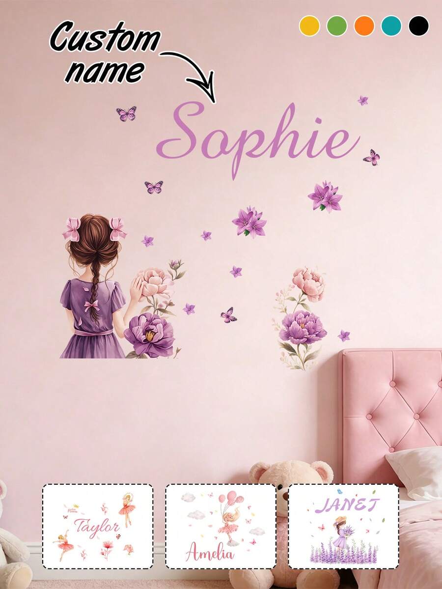 Customized Flower Girl Cartoon Wall Sticker, Personalized Text Wall Sticker, Customized Name Self-Adhesive Painting, Customizable Birthday Gift, Party - Style D - View 1