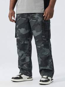 Pantaloni cargo casual da uomo taglie forti con mimetica, gamba dritta ampia, vita elastica con coulisse, pantaloni lunghi con tasche multiple - nero - Visualizzare 6