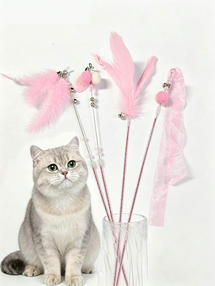 4pcs Feather Decor Cat Teaser Wand With Bells, Interactive Cat Toy, Durable Bite-Resistant Feather Teaser Wand With Bells, Long Handle Fighting Teaser Wand, Self-Entertainment