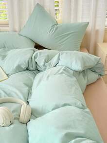 Blue & White Colorblock Washed Polyester Skin-Friendly Duvet Cover 3 Pieces Set - Cadet Blue - View 4