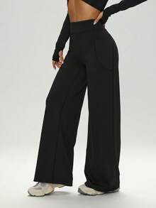 Women's High Waist Wide Leg Pants With Pockets - Comfortable Flowy Casual Pants Autumn - Black - View 7