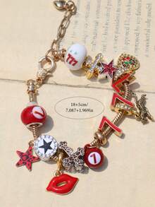 1pc Cute Red Cherry Charm Bracelet, Leopard Print Star Girl Bracelet, Black 8 Ball Dark Bracelet, Cross Star Bracelet, Punk Music Festival Bracelet - Gold - View 11