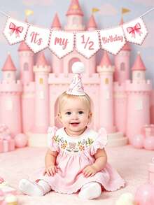 1/2pcs-"1/2 Year Old Birthday" Girl Set: Includes Hat, Decorative Banner, Princess Crown And Bow Accessories (Suitable For 6 Months Old Baby Party) Baby Party Decoration - Multicolor - View 5
