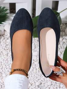 Suede Pointed Toe Low Vamp Flat Shoes Korean Style Minimalist Commuter Soft Sole Comfortable Anti-Slip Daily Casual Versatile Office Elegant Lady Style Boat Shoes Driving Loafers - Navy Blue - View 1