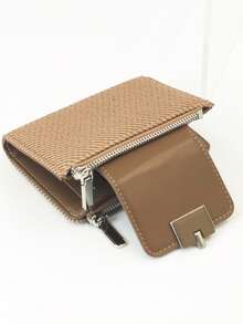 Dompet Pendek Wanita, Tekstur Kain Anyaman Jerami, Bahan PU Lembut dan Indah, Kancing Jepret Ganda, Resleting Ganda, Kapasitas Besar, Dompet Multifungsi, Tempat Kartu, Tas Genggam Minimalis Ringan, Cocok untuk Hadiah Liburan - Coklat - View 4