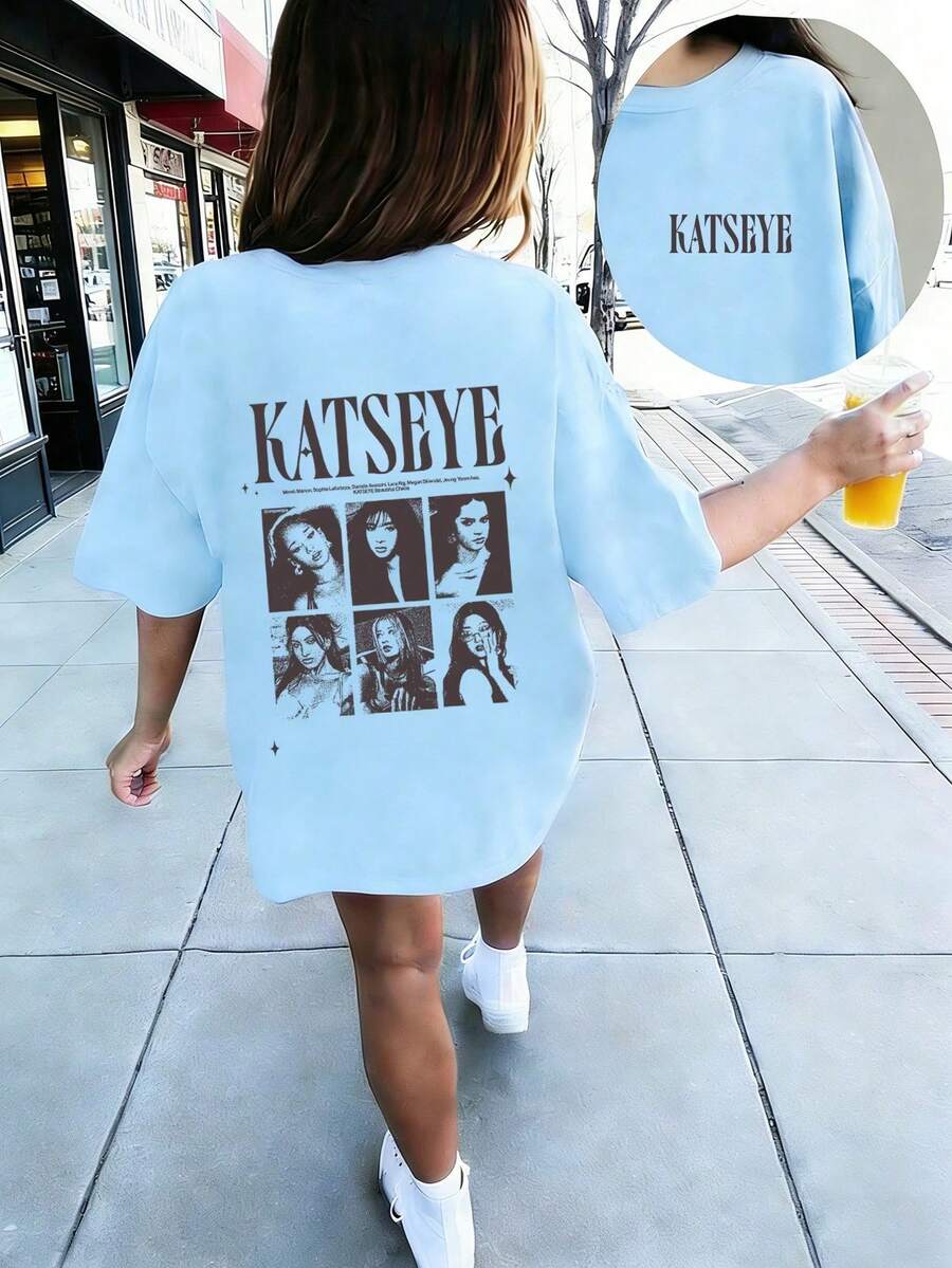 Camiseta de manga corta con estampado divertido y cuello redondo para chicas adolescentes, top de verano. - Verde militar - Ver 1
