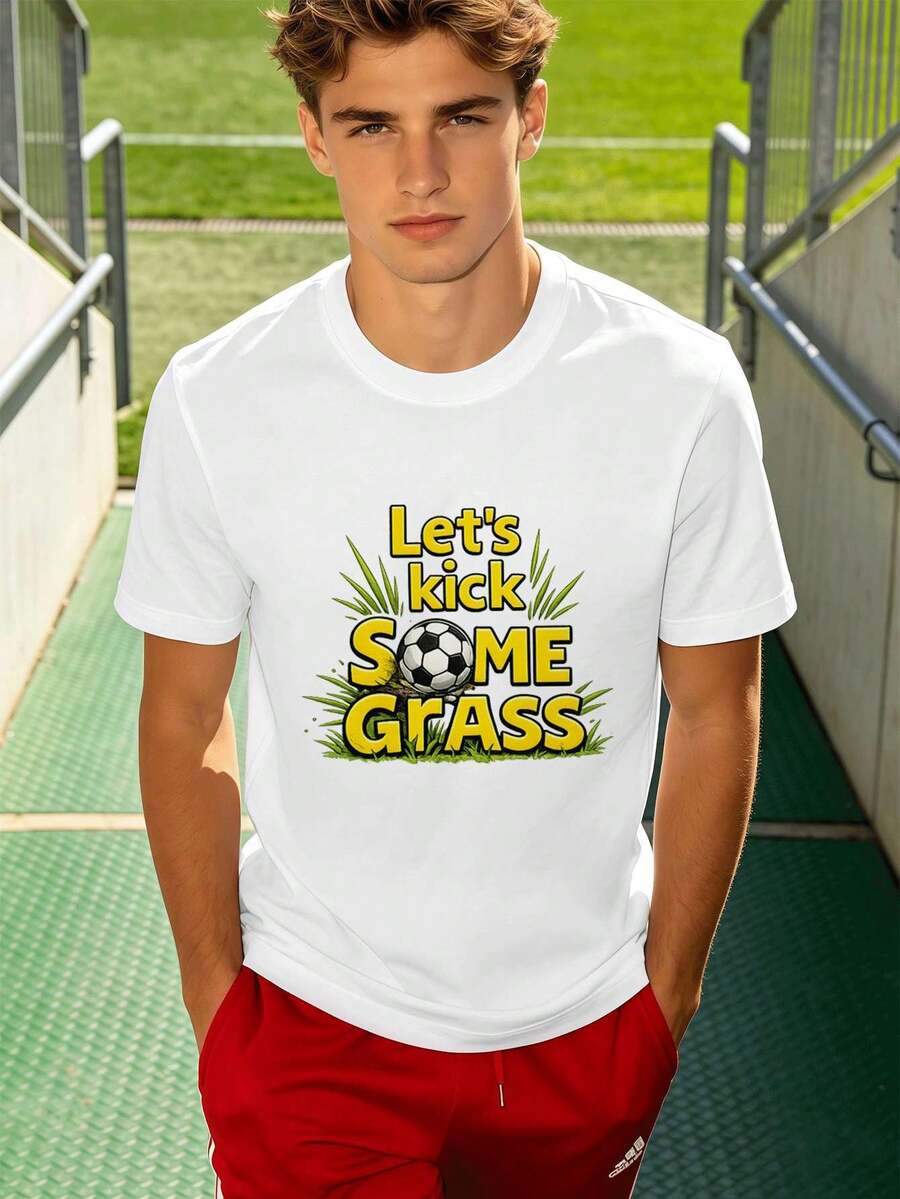 T-shirt de football pour hommes avec imprimé amusant, coton doux, coupe ample, style streetwear et hip-hop, confortable, imprimé accrocheur - Blanc - Voir 1