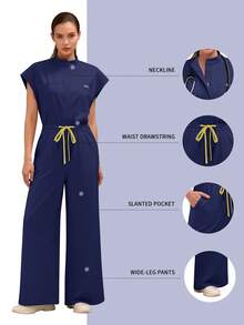 Women's Scrub Top Clinical Workwear Hospital Surgical Scrub Beauty Salon Lab Workwear With Pockets Dental Scrub Nursing One-Piece Scrub New Fall - Navy Blue - View 2